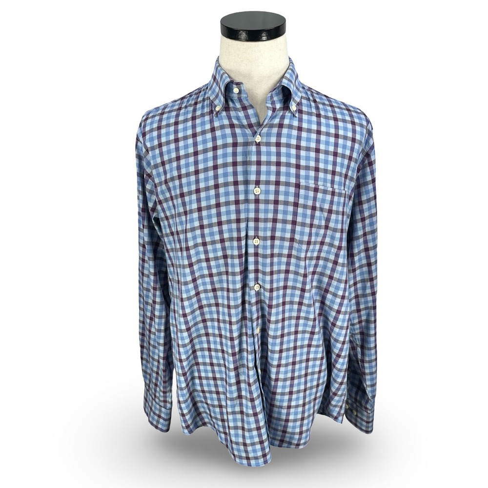 Peter Millar Mens Button Down Shirt Large Blue Purple Plaid Performance Stretch